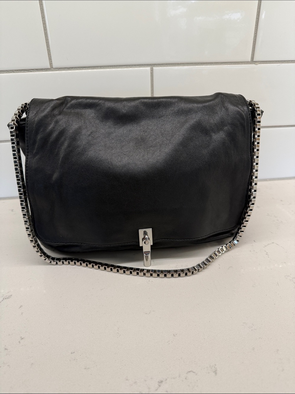 Elizabeth and James Black Leather Shoulder Bag with Silver Chain Strap